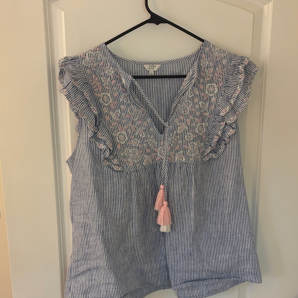 Crown & Ivy Striped Top with Pink Embroidery